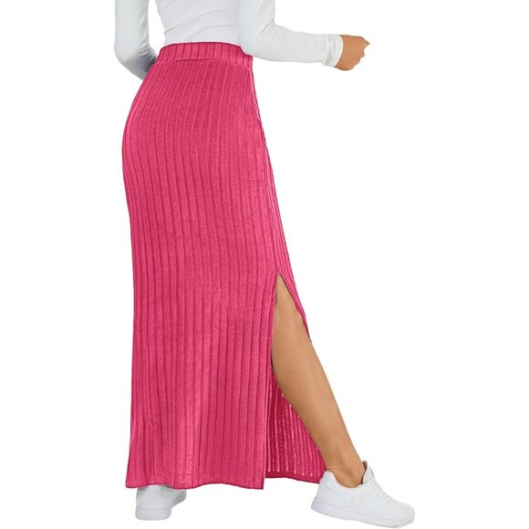 Women's Rose Pink Ribbed Knit Pencil Side Slit Waist Bodycon Long Midi Skirt - Picture 2 of 5